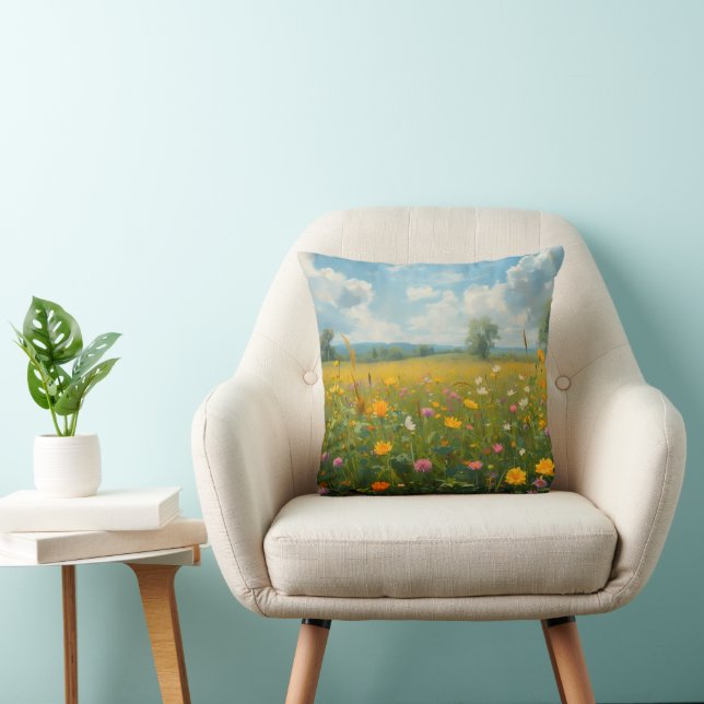 Levend Schilderij van Wilde Bloemen in Olieverf St Kussen (Stoel)
