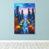 Levend stadslandschap 's nachts op canvasprint canvas afdruk (Insitu (Houten vloer))