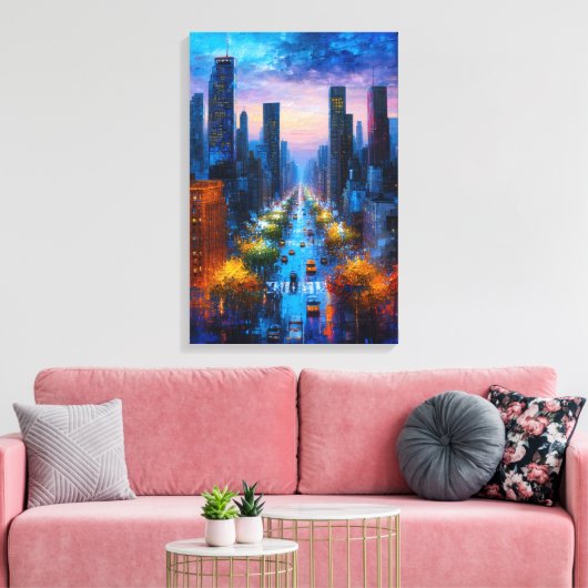 Levend stadslandschap 's nachts op canvasprint canvas afdruk (Insitu (Woonkamer))
