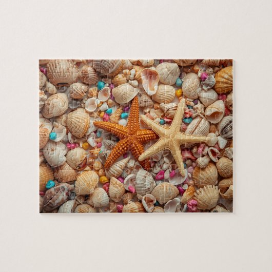 Levend Stilleven van Schelpen op Teal Achtergrond Legpuzzel (Horizontaal)