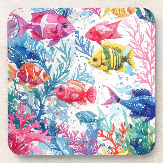 Levend Tropische Vis Waterverf Zee Levenspatroon Bier Onderzetter (Voorkant)
