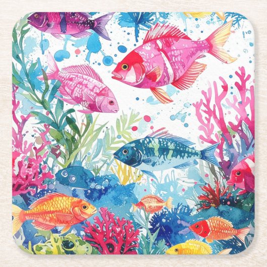 Levend Tropische Vis Waterverf Zee Levenspatroon Kartonnen Onderzetters (Voorkant)