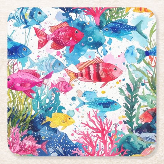 Levend Tropische Vis Waterverf Zee Levenspatroon Kartonnen Onderzetters (Voorkant)