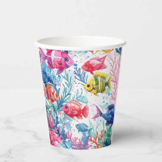Levend Tropische Vis Waterverf Zee Levenspatroon Papieren Bekers (Voorkant)