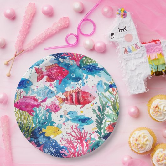 Levend Tropische Vis Waterverf Zee Levenspatroon Papieren Bordje (Feest)