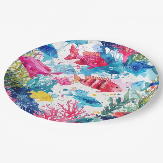 Levend Tropische Vis Waterverf Zee Levenspatroon Papieren Bordje (Gekanteld)