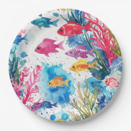 Levend Tropische Vis Waterverf Zee Levenspatroon Papieren Bordje
