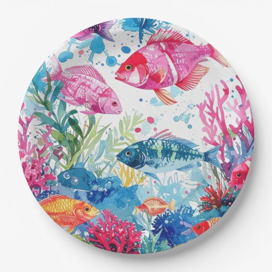 Levend Tropische Vis Waterverf Zee Levenspatroon Papieren Bordje (Voorkant)