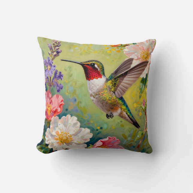 Levend Tuin met Kolibrie en Bloemen Kussen (Voorkant)