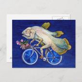 Levende fossiele Coelacanth op een fiets met blauw Briefkaart (Voorkant / Achterkant)