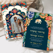 Levende Indiase volkskeunst Olifanten Bruiloft Gou Folie Uitnodiging