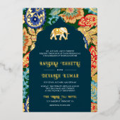 Levende Indiase volkskeunst Olifanten Bruiloft Gou Folie Uitnodiging (Voorkant)