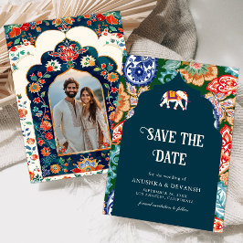 Levende Indiase volskunst olifant donkerblauwe bru Save The Date