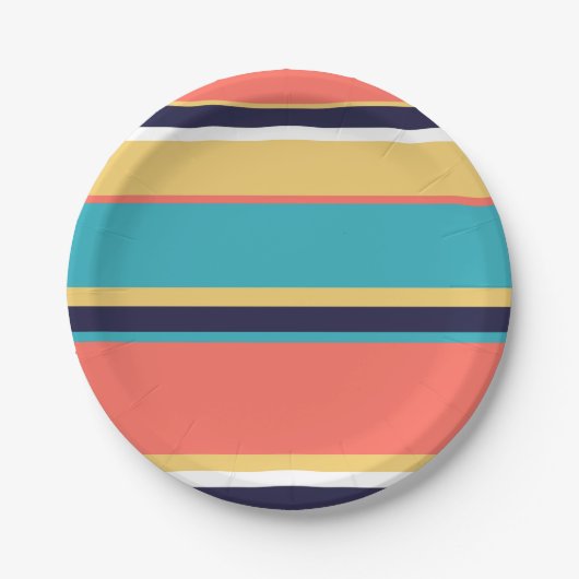 Levende koraal-, blauwe en gele strepen papieren bordje (Voorkant)