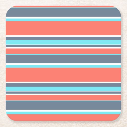 Levende koraal-, blauwe en grijze strepen kartonnen onderzetters (Voorkant)