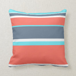 Levende koraal-, blauwe en grijze strepen kussen