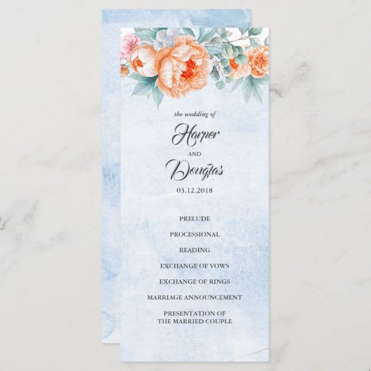 Levende koraal bloemenelegante bruiloft programma' programmakaart (Voorkant / Achterkant)