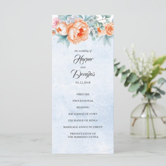 Levende koraal bloemenelegante bruiloft programma' programmakaart (Staand voorkant)
