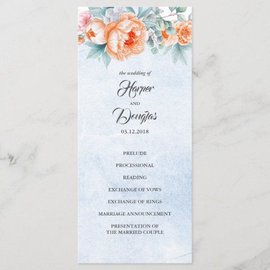 Levende koraal bloemenelegante bruiloft programma' programmakaart (Voorkant)