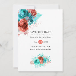 Levende Koraal en Turquoise Bloemige Bruiloft Save The Date