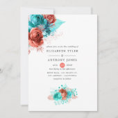 Levende koraal en Turquoise Floral Wedding Kaart (Voorkant)