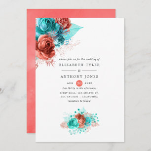 Levende koraal en Turquoise Floral Wedding Kaart