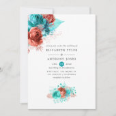 Levende koraal en Turquoise Floral Wedding Kaart (Voorkant)