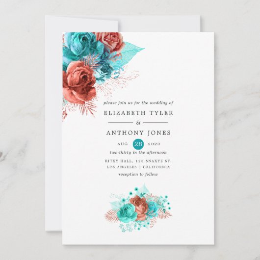 Levende koraal en Turquoise Floral Wedding Kaart (Voorkant)