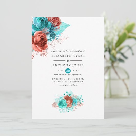 Levende koraal en Turquoise Floral Wedding Kaart (Staand voorkant)