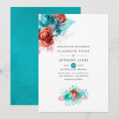 Levende koraal en Turquoise Floral Wedding Kaart (Voorkant / Achterkant)
