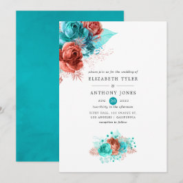 Levende koraal en Turquoise Floral Wedding Kaart