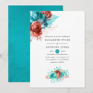 Levende koraal en Turquoise Floral Wedding Kaart