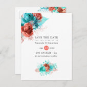 Levende koraal en Turquoise Wedding sparen de Datu Aankondigingskaart (Voorkant / Achterkant)