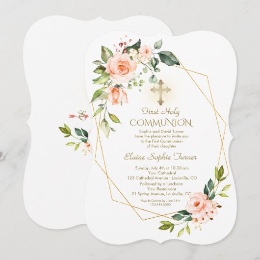 Levende Koraalbloemen Gouden Lijst Heilige Communi Kaart (Voorkant / Achterkant)