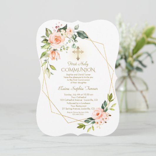 Levende Koraalbloemen Gouden Lijst Heilige Communi Kaart (Staand voorkant)