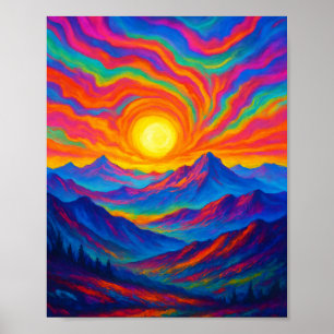 Levende Psychedelische Bergzonsondergang Poster