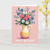 Levende Verjaardag Pitcher Bloemen Kaart (Gele Bloem)