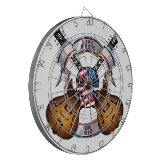 Levende vrije schedel en gitaren dartbord (Voorkant Links)