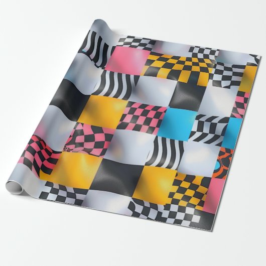 Levendig 3D schaakbord – Speelse Retro Pop Cadeaupapier (Uitgerold)