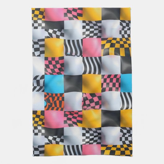 Levendig 3D Schaakbord – Speelse Retro Pop Theedoek (Verticaal)