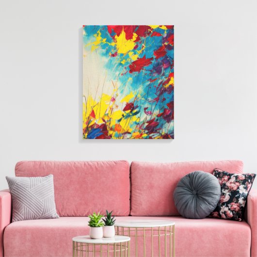 Levendig Abstract bloemschilderij in blauw en roze Canvas Afdruk (Insitu (Woonkamer))