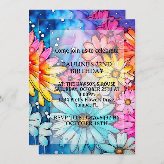 Levendig Abstract Daisy Flowers verjaardagsfeestje Kaart (Voorkant / Achterkant)