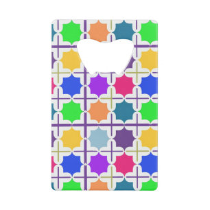 Levendig abstract geometrisch patroon in felle kle creditkaart flessenopener