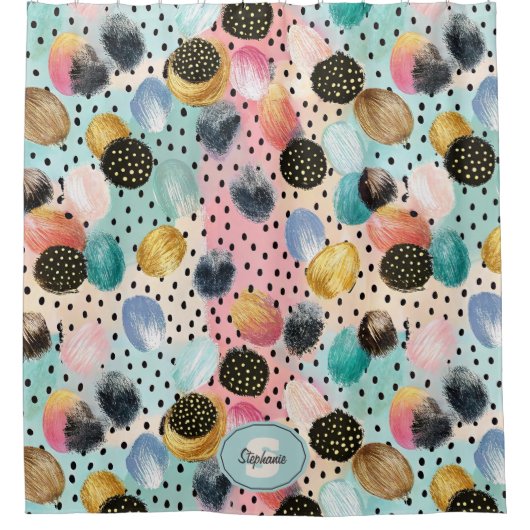 Levendig Abstract penseelstreek & Polka Dot Patter Douchegordijn (Voorkant)