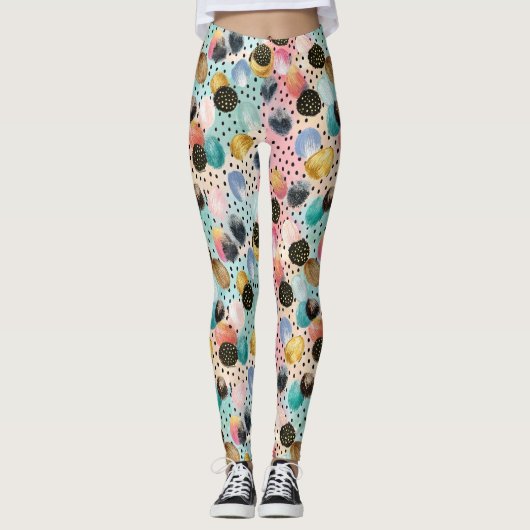 Levendig Abstract penseelstreek & Polka Dot Patter Leggings (Voorkant)
