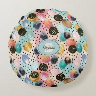 Levendig Abstract penseelstreek & Polka Dot Patter Rond Kussen