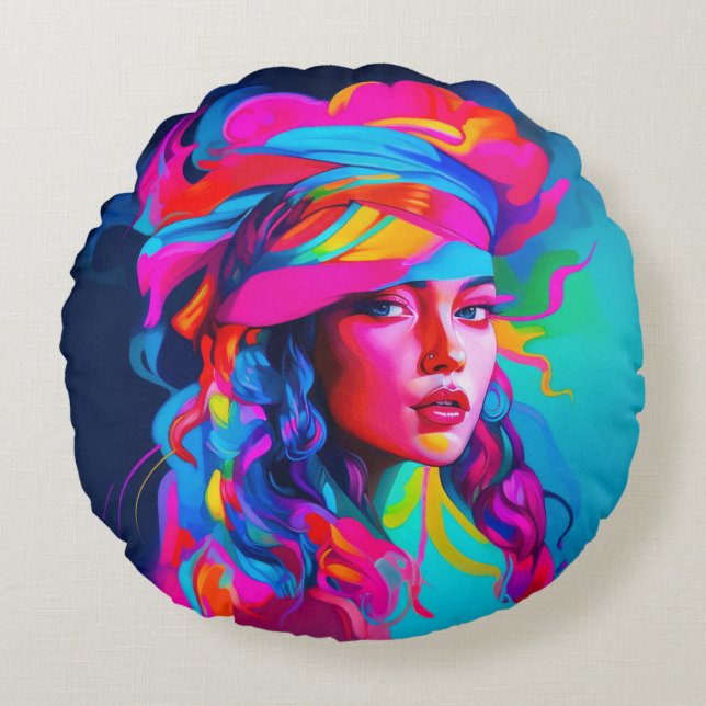 Levendig Abstract portret Rond Kussen (Voorkant)