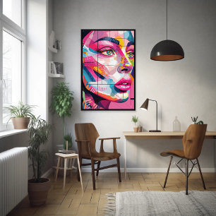 Levendig Abstract Portret Vrouwengezicht Roze Zwar Foto Afdruk