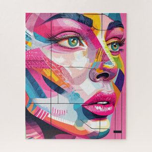 Levendig Abstract Portret Vrouwengezicht Roze Zwar Legpuzzel