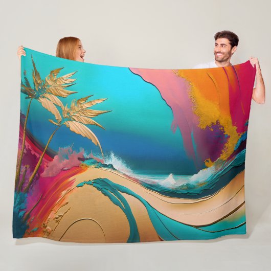 Levendig Abstract Tropisch Strand Scène Fleece Deken (In situ)